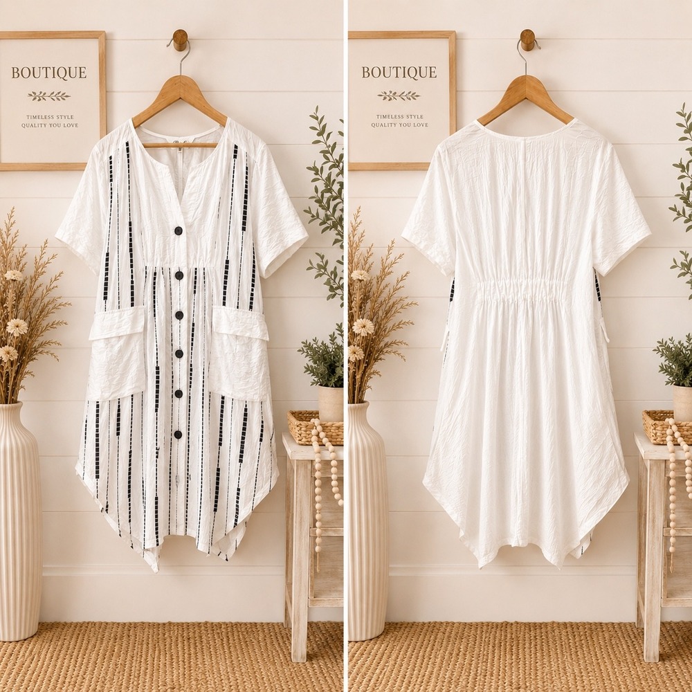 Pasha Womens White Black Geometric Print Button Front Dress Handkerchief Hem M